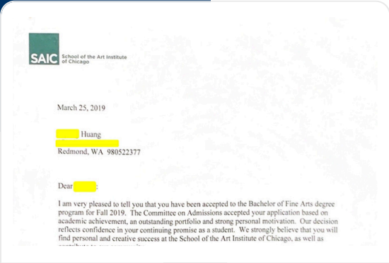 School of the Art Institute of Chicago acceptance letter