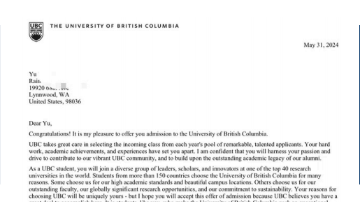 University of British Columbia admission letter