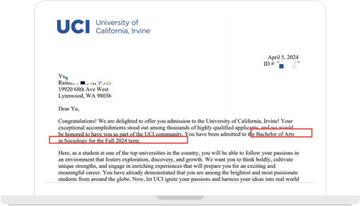 University of California Irvine admission letter