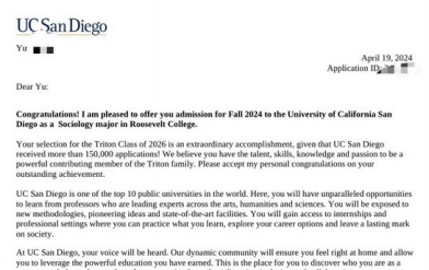 UC San Diego admission letter