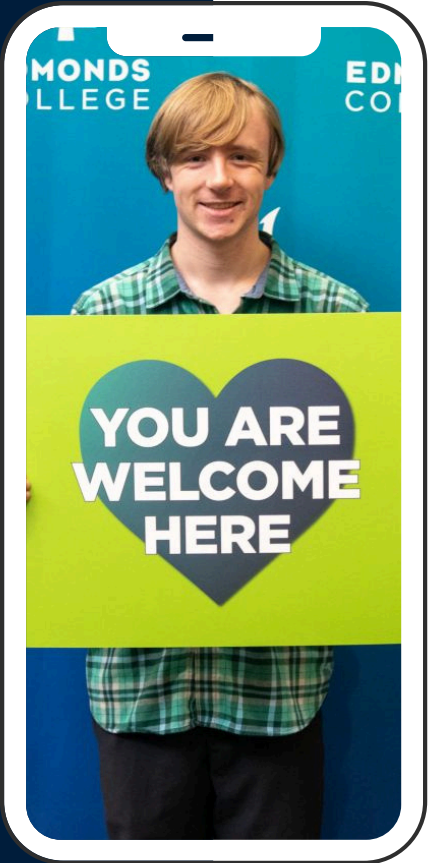 Edmonds College welcome sign inside a phone frame